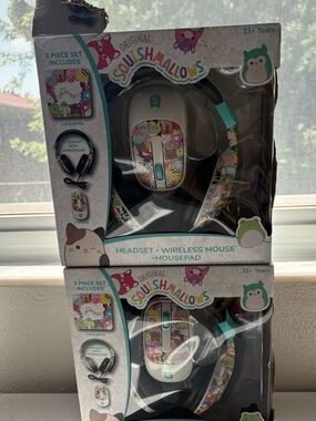 Squishmallows White Headset, Mouse & Mousepad Set with Multicolor Character Art